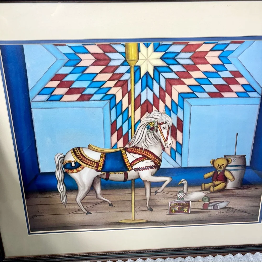 B. Cummings  84 730/2000 Carousel Horse with Teddy bear Art work‎ 32x25